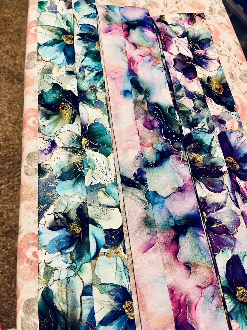 Handmade Watercolor Teal Purple Metallic Gold Floral Scrunchies